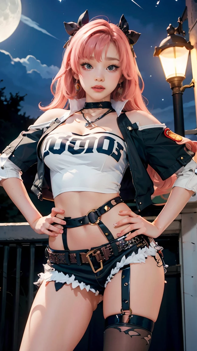 masterpiece, best quality, ultra-detailed, extremely detailed,illustration, 1girl, nicole demara, hair ribbon, hairclip, earrings, black collar, tube top, single thighhigh, short shorts, cropped jacket, belt, thigh strap, detached sleeves, doll, standing, hand on hip, cowboy shot, night street, moon