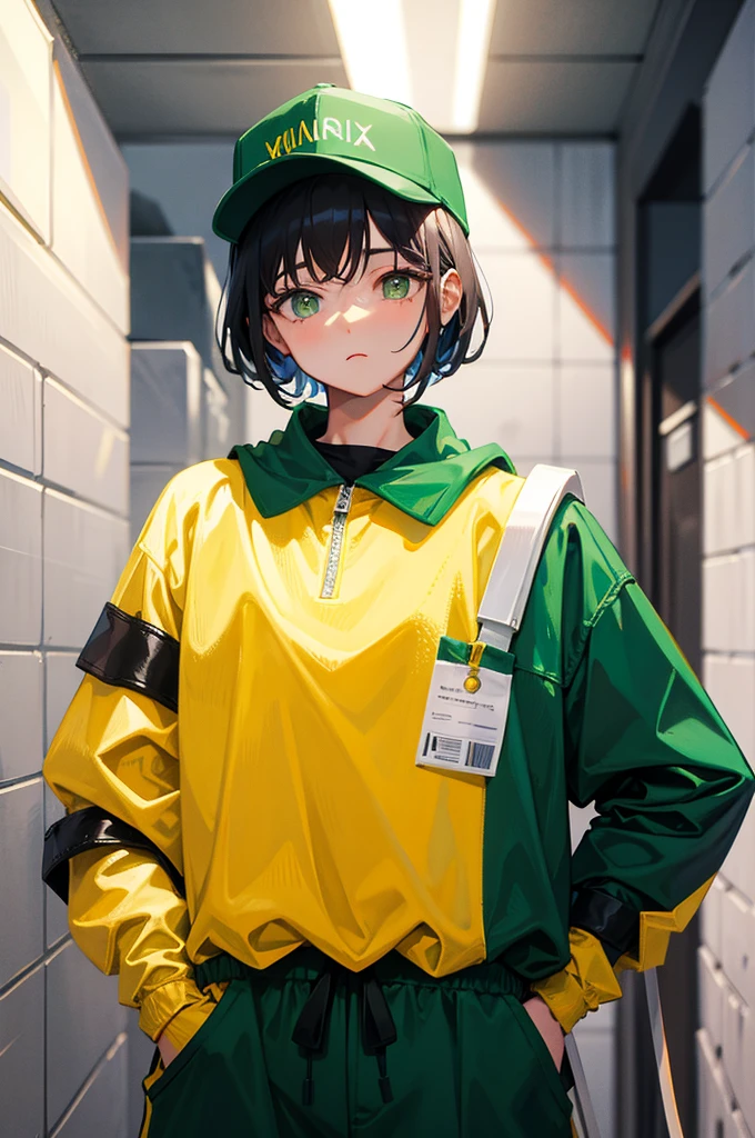 [[[[[1 woman]]]]] ultra closeup, Only the upper body is visible, portrait, 1 woman, Janitor concept, janitor clothes, Clothes in green, jumpsuit, clothes without patterns, hat, hatted, looks boring