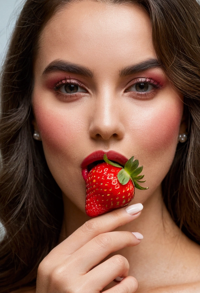 Beautiful mature woman holding a strawberry between her lips