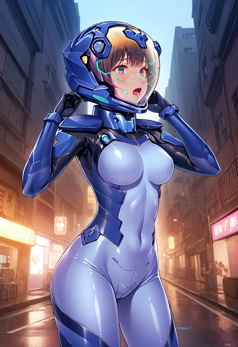 short hair, street, emo, BLACK hair, white eyes, eyeliner, apocalypse, (astronaut, girl, road, city, fortified suit, ((blue:1.5) plugsuit), short hair, outdoors, cinematic light, medium breasts, covered navel, space helmet, muvluv, space helm, eva helmet,[legs bent, ,ahegao, rolling eyes,saliva, drooling, sweat, trembling, HARD TO BREATH,, (hands up:1.6), (holding head:1.7), upper body