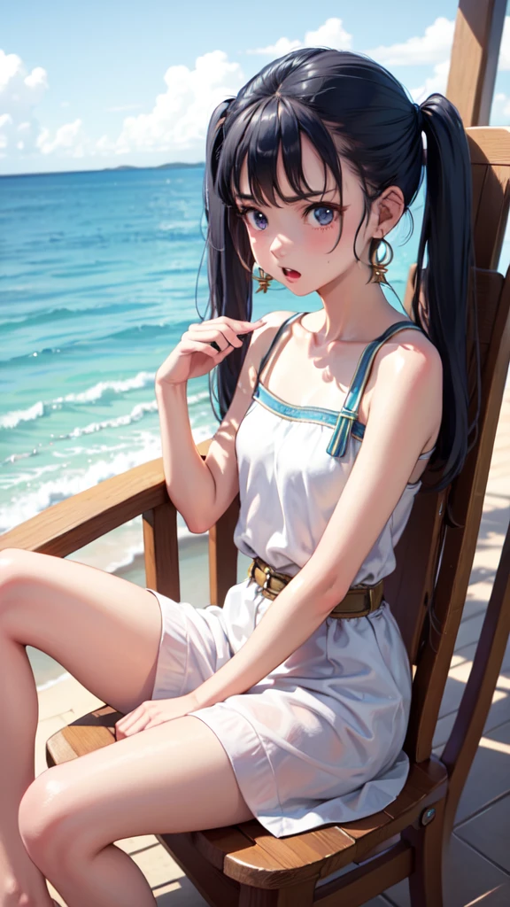 Masterpiece, best quality, earrings, white dress, black hair, small breasts, girl, upper body, hot, sweating, sitting on chair, pigtails, looking at camera, sea, summer, facing forward, legs spread, angry