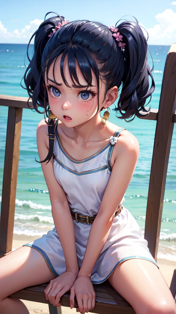 Masterpiece, best quality, earrings, white dress, black hair, small breasts, girl, upper body, hot, sweating, sitting on chair, pigtails, looking at camera, sea, summer, facing forward, legs spread, angry