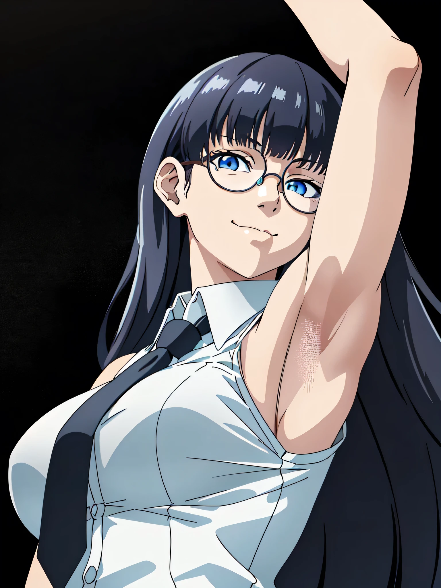 Roberta, blue eyes, glasses, jewelry, opaque glasses, (long hair, very long hair:1.2), bangs, round eyewear, black hair, office lady, tie, necktie, black necktie, shirt, collared shirt, formal shirt, (white shirt:1.1), sleeveless shirt, sleeveless, bare shoulders, bare arms, 1girl, solo, anime screencap, frontlighting, (simple background, black background, dark background:1.3), masterpiece, absurdres, hdr, soft light, best quality, detailed, highres, shiny skin, shiny hair, (looking at viewer, eye contact with viewer:1.5), smile, smug, (closed mouth:1.2), arm up, raised arm, armpit, (from side, from below:1.4)