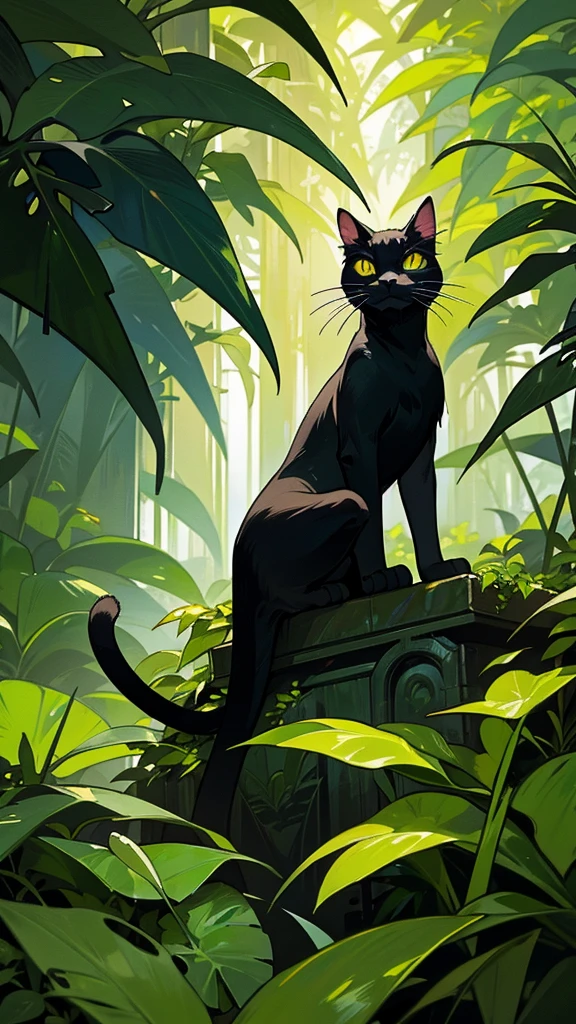 In a lush, overgrown jungle, a sleek black cat with piercing yellow eyes peers out from the dense foliage. The vibrant green leaves and colorful flowers surround the cat, creating a hidden sanctuary. Explore themes of nature, mystery, and adventure.