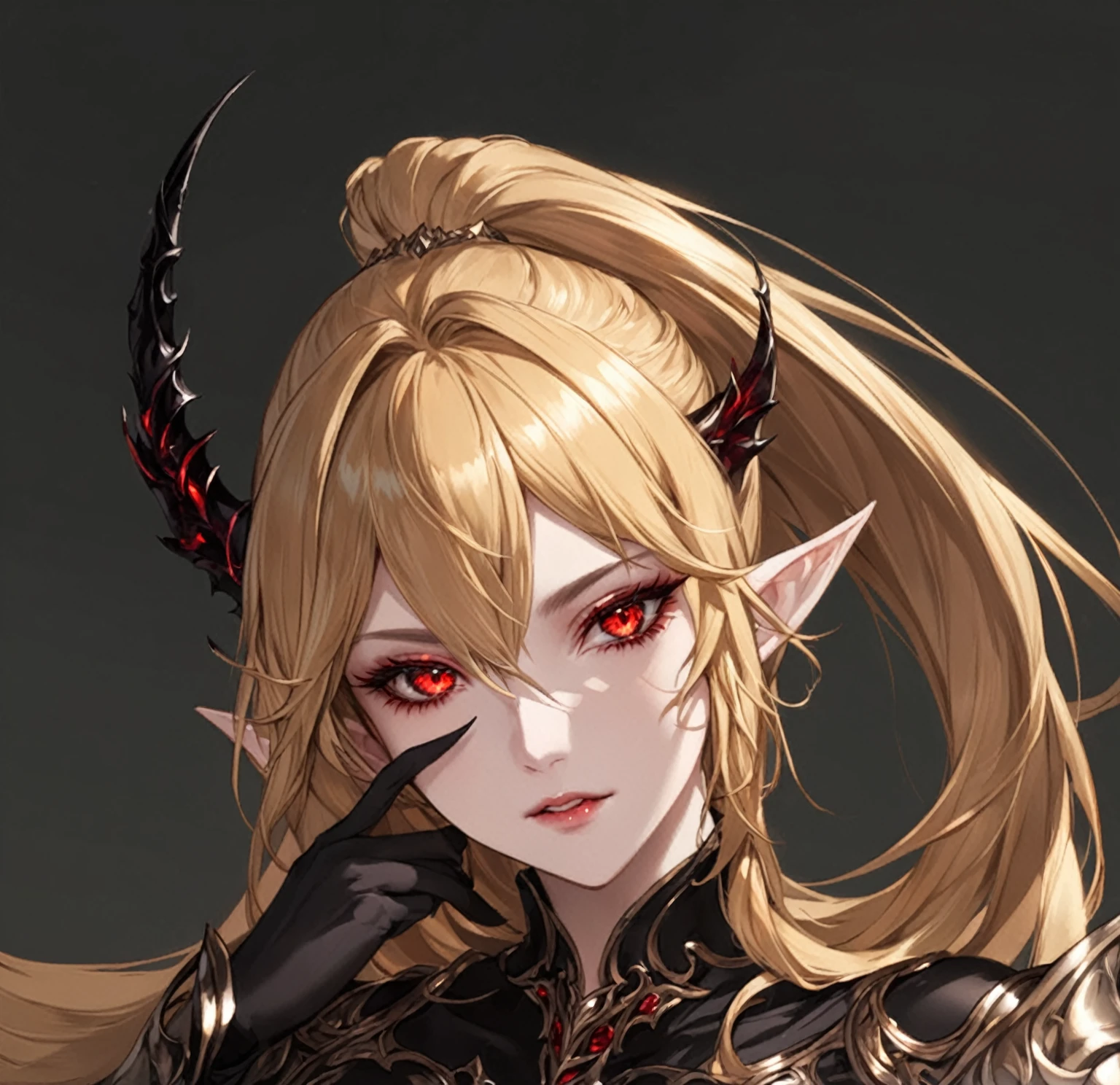 masterpiece, best quality, good quality, Highly detailed, shadowverse style, female, elf, golden hair, red eyes, demonic, adult, black eyeshadow