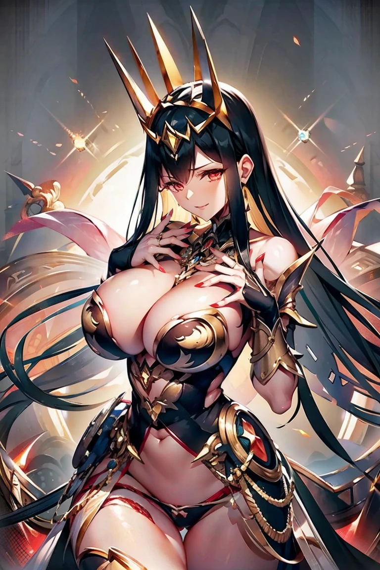 black hair, bare shoulder, red eyes, very long hair, cleavage, large breasts, dress, showgirl skirt, high-leg, cleavage cutout, tiara, bare thighs, gauntlets, bare shoulder, (((Correctly aligned fingers, extremely detailed hands and fingers, ultra detailed hands and fingers, super detailed hands and fingers, perfect female hands and fingers, biologically accurate hands and fingers, 4 fingers and 1thumb accurate hands and fingers, beautiful hands and fingers, hands and fingers drawing, human hand and fingers, perfect arrangement of fingers, detail focus hand))), adult face, fearless face, both arms, two arms, both hands, two hands, super fine illustration, masterpiece, masterwork, by famous artist, official art, ultra high res, best quality, high quality, Hand, detailed, perfect, perfection , hands, betterhand, both hands is Thumb and index finger and middle finger and ring finger and little finger, symmetrical hands, even hands, bare nails, bare fingers, (((panties))), good hands, best hands, rouge, Hand, detailed, perfect, perfection, hands,