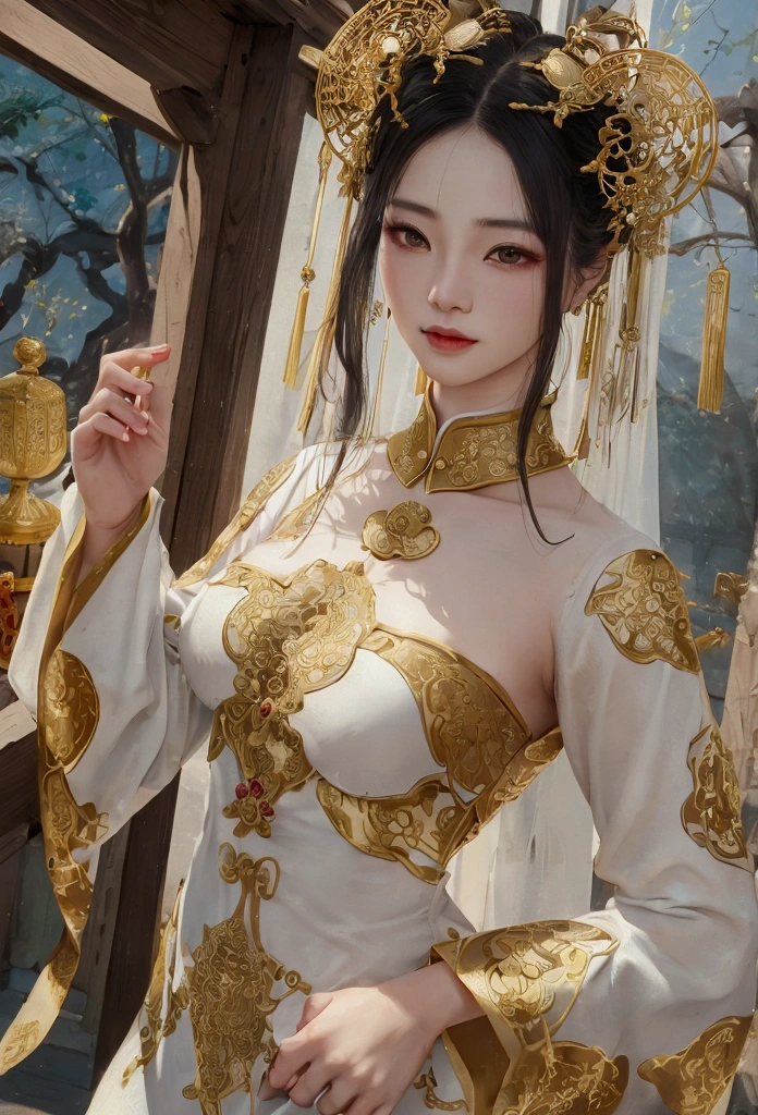 A beautiful dancer in ancient China.,delicate lines,magnificent costumes in ancient China,delicate and vivid,shy face,willow leaf eyebrows,representation of personality,coiled hair,Gold leaf,Flowing clouds,watercolor,surrounding crane,ink painting,gentle eyes,meticulous, color scheme,exquisite clothing patterns,by Gu, Kaizhi,Zhang Xuan,Professional color grading,Realistic style,soft shadows,clean and sharp focus,film photography,panoramic view,32k --v 6