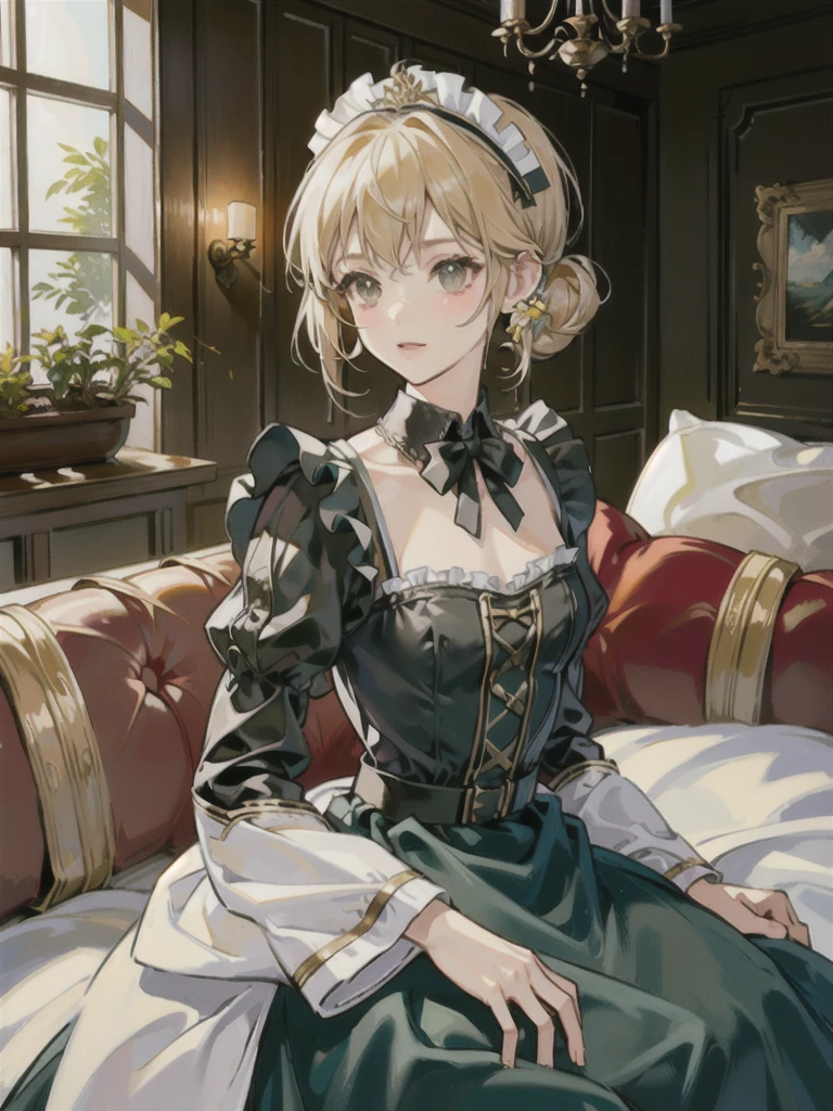 Masterpiece, best quality, Highly detailed, height, HDR,, Shobit, What is, no feelings,, 1 girl, alone, smooth, bare shoulders, chest, brown eyes, clamp (circle) (style), Platinum blonde hair, My hair is very long., Robot Ear, small chest, Hair Tube,, maid, maid headdress, maid apron, victorian maid, maid dress,, mksks style, beautiful background, Detailed background, professional lightning, mansion, indoor, gold ornament, gold, gold effects,