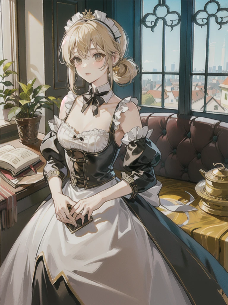 Masterpiece, best quality, Highly detailed, height, HDR,, Shobit, What is, no feelings,, 1 girl, alone, smooth, bare shoulders, chest, brown eyes, clamp (circle) (style), Platinum blonde hair, My hair is very long., Robot Ear, small chest, Hair Tube,, maid, maid headdress, maid apron, victorian maid, maid dress,, mksks style, beautiful background, Detailed background, professional lightning, mansion, indoor, gold ornament, gold, gold effects,