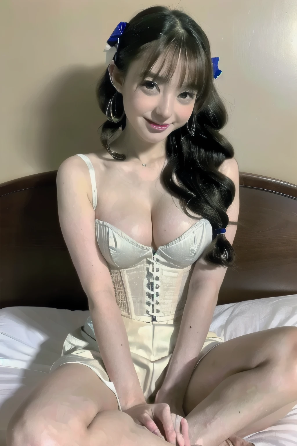 (((Browsing Caution)))、(((Spread your legs)))、((detailed、Highest quality、、masterpiece:1.3))、One Girl、smile、(Brown Hair:1.2)、Beautiful Japanese Idols:1.3、(Casual Hairstyles、Small breasts:1.2)、 Home、Super detailed Face、detailedな目、double eyelid、(Gothic ta:1.2)、(White Tight Corset:1.2)、bed、From below、(((18-year-old)))、(((Beautiful white skin like porcelain)))、(((Pussy)))