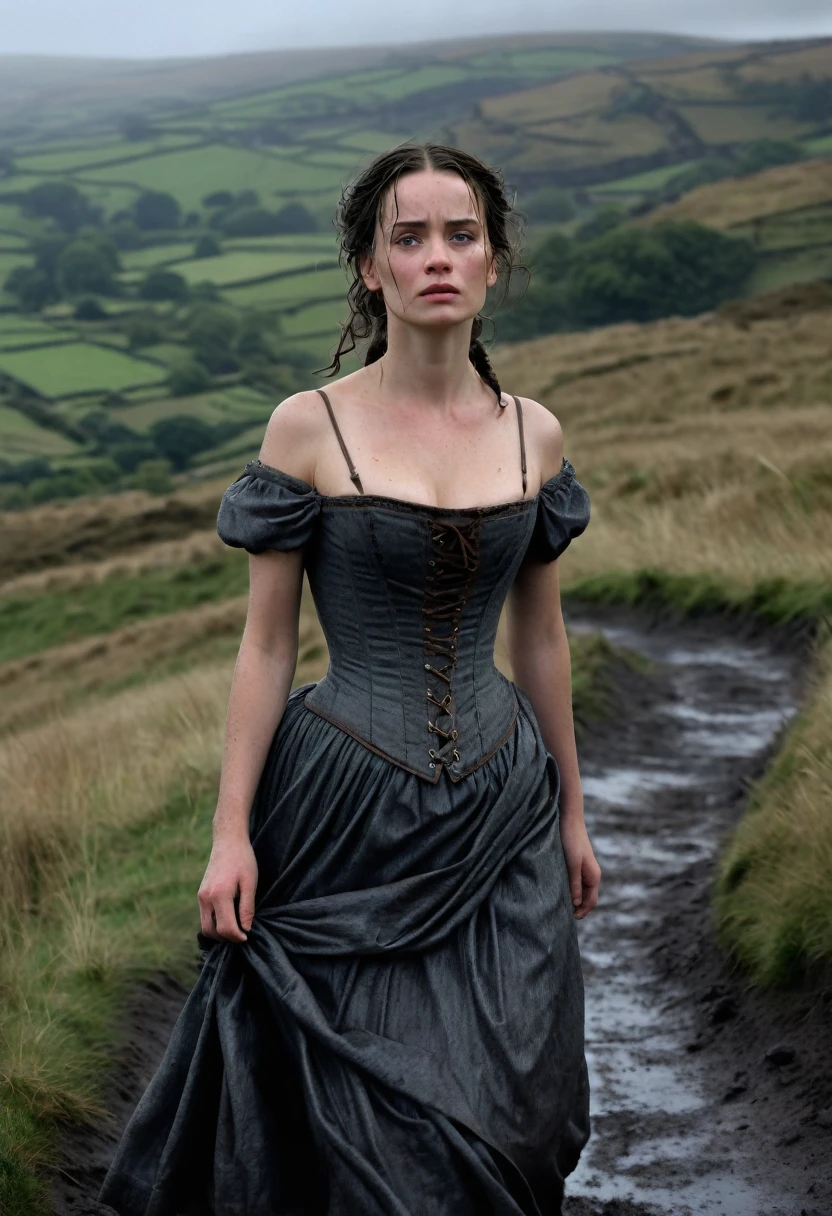 8K quality, ultra-high definition realism, the city of Howarth in England, the setting for "Wuthering Heights", a mature woman wanders the dim hills, beautiful but with a lonely expression, slim, wearing an English corset dress that holds down her small dark breasts, her brunette hair tightly braided and tied up, her feet are dirty with mud, a light rain is falling, the background is a sky covered with black clouds and a wind-swept hilly area, the sky is pitch black even though it is daytime, the details are drawn in meticulous detail, she is looking for someone, she is walking while calling someone's name, the camera captures her from above.
