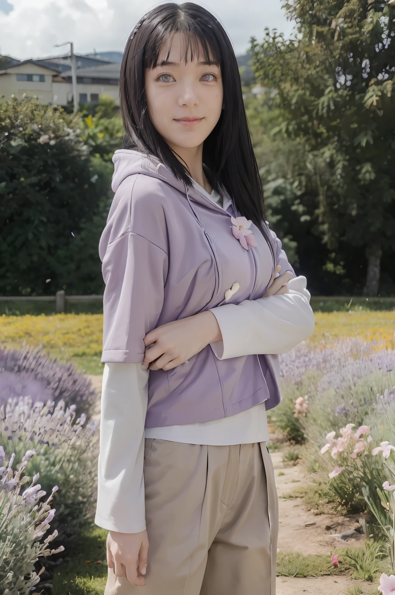 masterpiece, absurdres, hinata\(boruto\), 1girl, solo, female, purple hoodie,layered sleeves, brown pants,  outdoors,lavender flower field, looking at viewer, (falling petals), cloudy sky, perfect composition, detailed lips, big breasttiful face, body propotion, blush, (pink lips), long hair,  purple eyes,  soft gaze, sad smile,  super realistic, detailed, photoshoot, realistic face and body,  realistic hair, realistic eyes, realistic nose, realistic lips