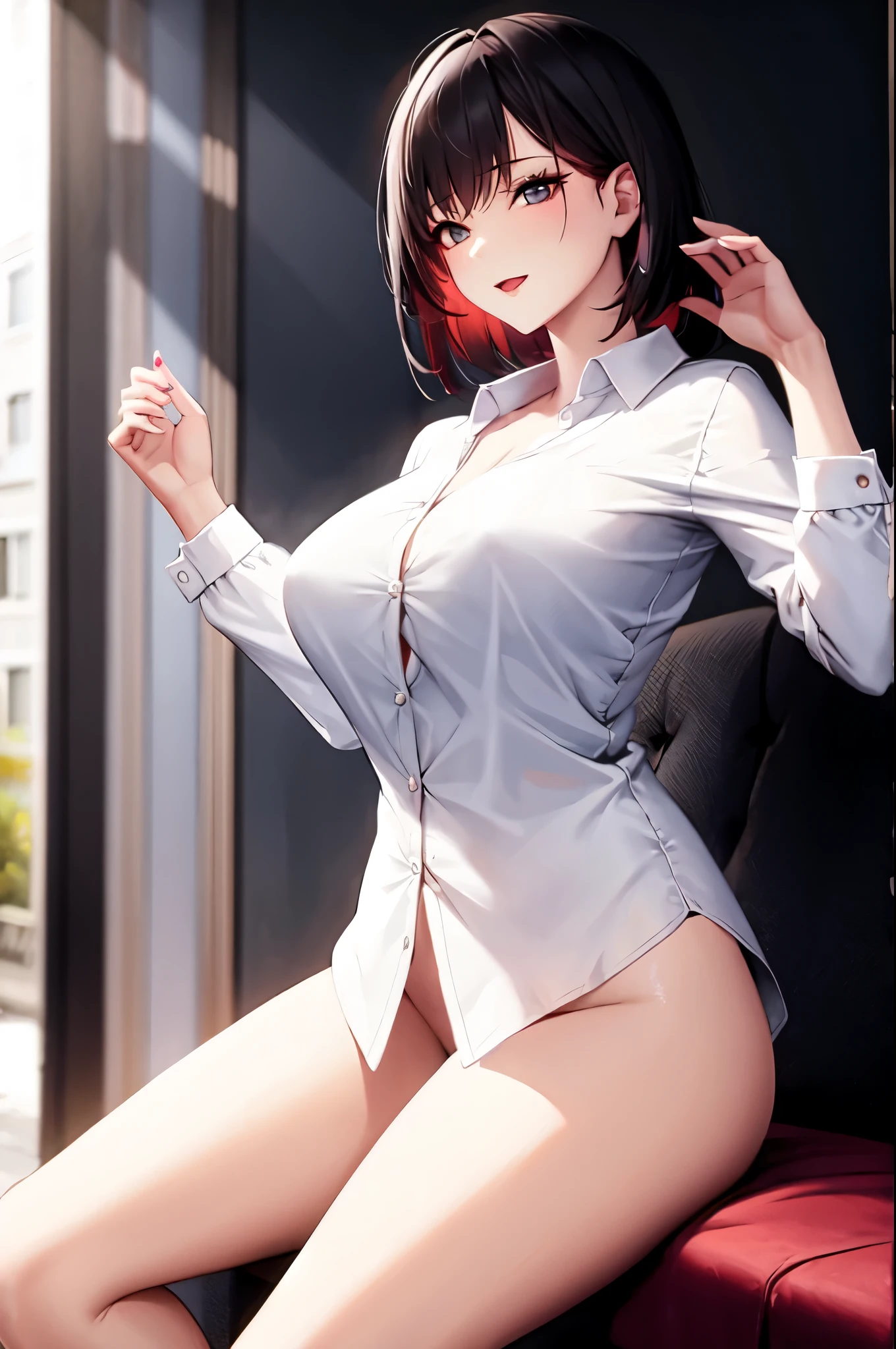 One Woman,Naked ,I'm turning up my collar,Collared shirt,White shirt,Lying down,Put your hands behind your head,Spread your legs,Cleavage,Ahy,Glasses,A big is is inserted,