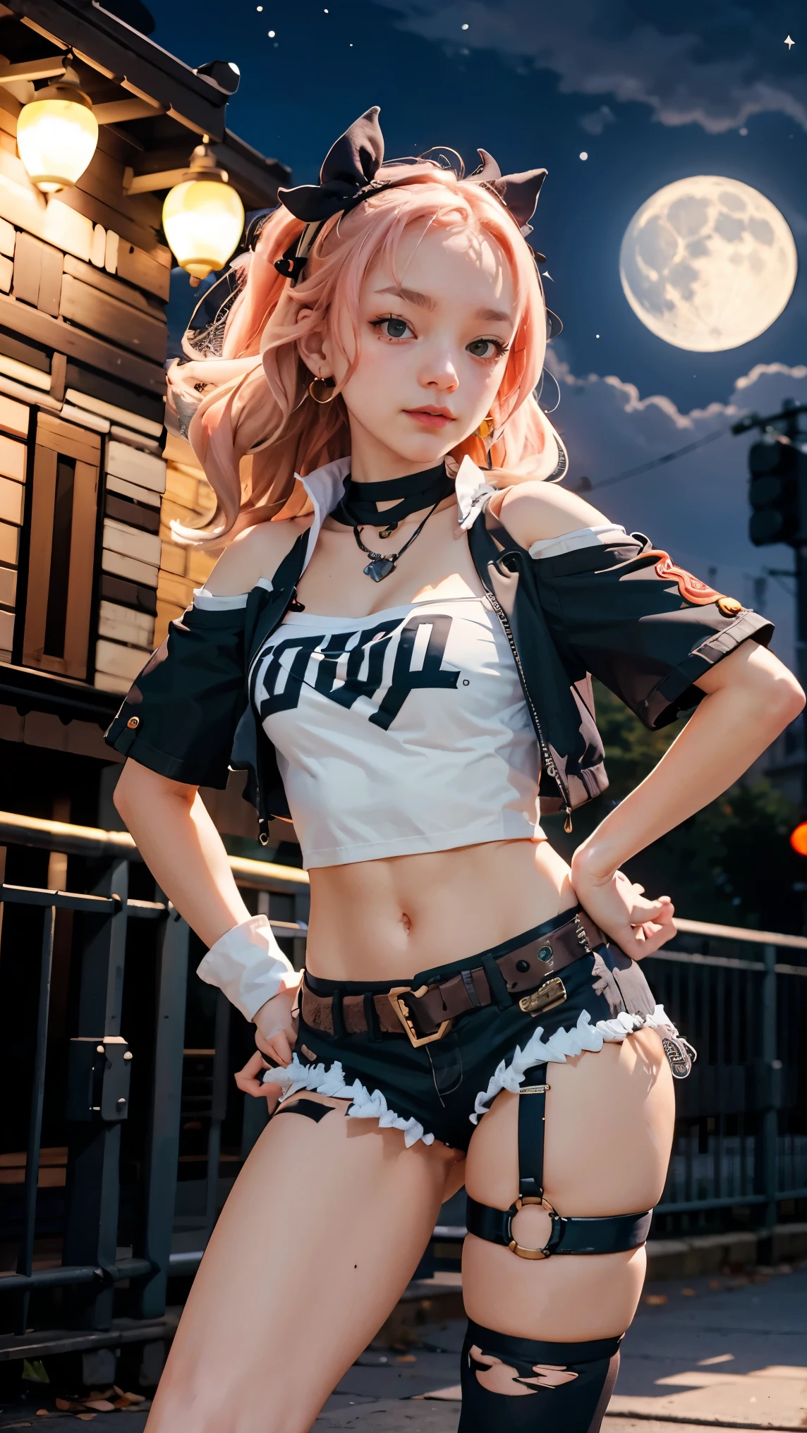 masterpiece, best quality, ultra-detailed, extremely detailed,illustration, 1girl, nicole demara, hair ribbon, hairclip, earrings, black collar, tube top, single thighhigh, short shorts, cropped jacket, belt, thigh strap, detached sleeves, doll, standing, hand on hip, cowboy shot, night street, moon 