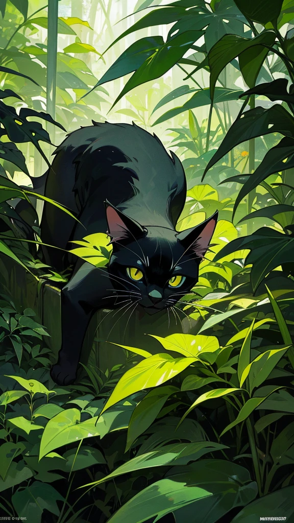 In a lush, overgrown jungle, a sleek black cat with piercing yellow eyes peers out from the dense foliage. The vibrant green leaves and colorful flowers surround the cat, creating a hidden sanctuary. Explore themes of nature, mystery, and adventure.