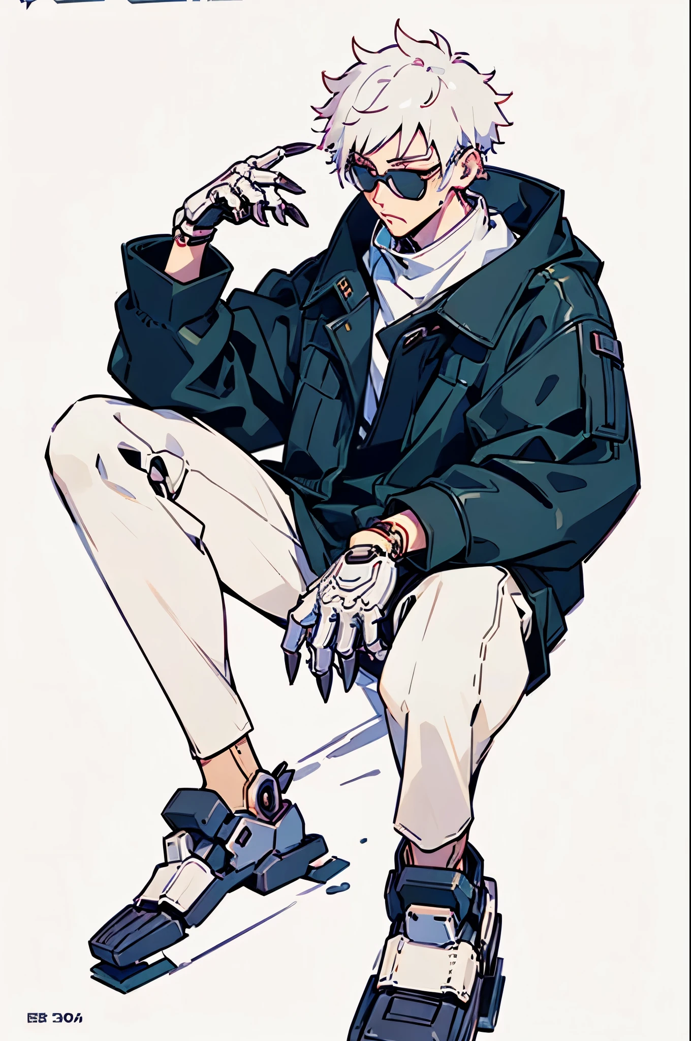 ((illustration)), (best quality)), ((masterpiece)), (detailed), adult, 1male, white hair,  jacket, black gloves, coat, sunglasses, leather, mechanical arms, claws, robot arms, solo, 1boy, cyberpunk, long pants,