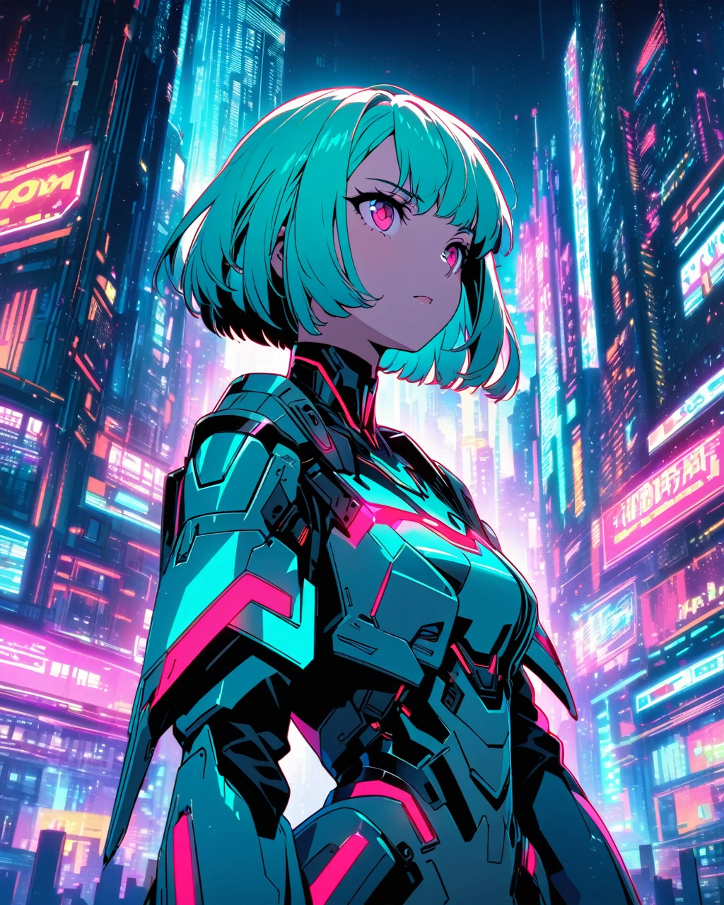 An anime-style cyberpunk illustration of a young woman with a short bob haircut, wearing futuristic armor with glowing accents. She stands in a vibrant cityscape with neon-lit skyscrapers and holographic advertisements, featuring a color scheme dominated by teal and red."