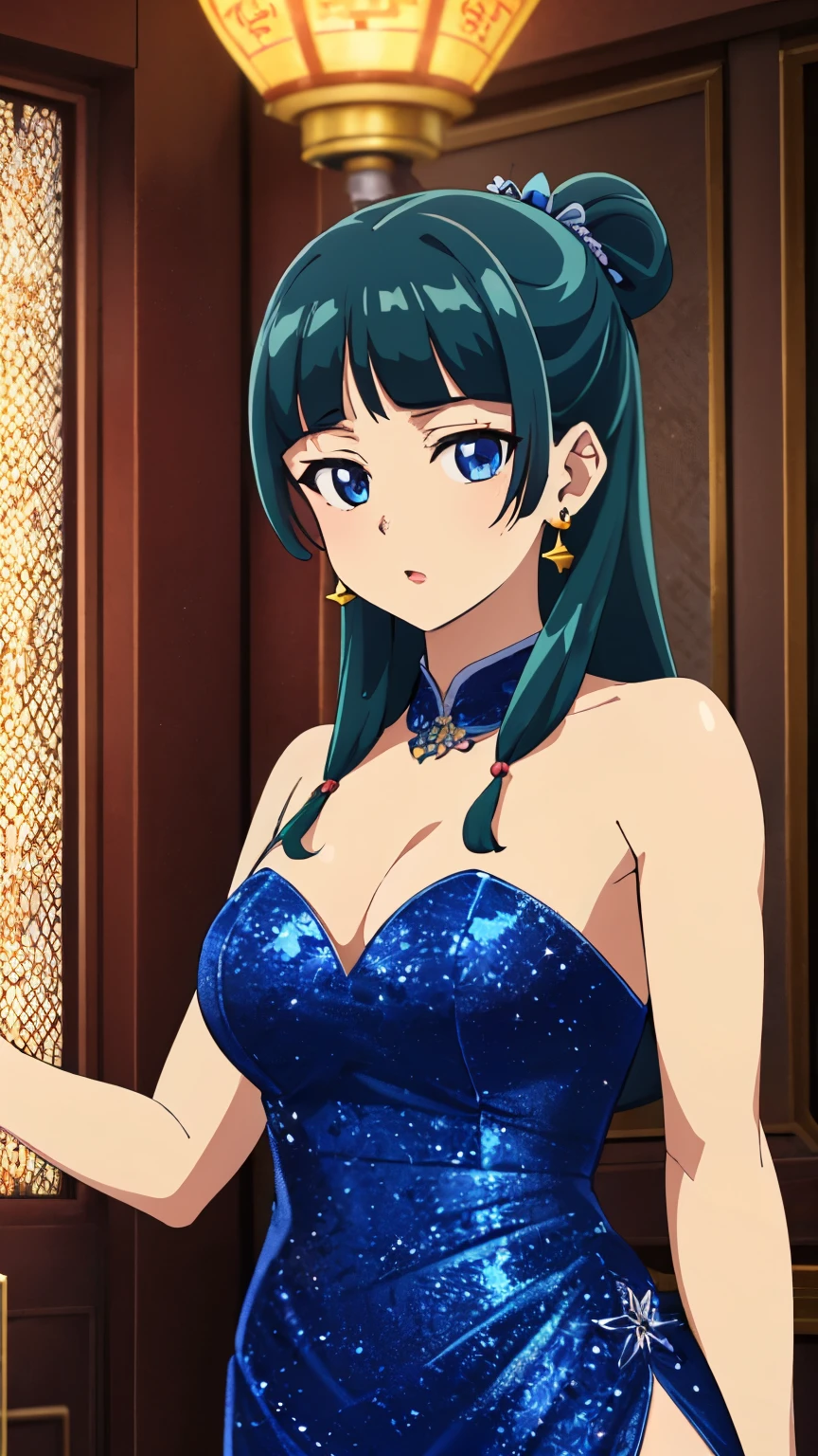 (Highest quality), (8k, High resolution), (masterpiece: 1.2), (Very detailed), (maomao), One girl, Teen Style, Detailed green hair, Detailed blue eyes, Complicated hairstyle, Long Hair, Earrings, (slim body), Sparkling eyes, hair accessory, Earrings, Half Up, Slightly blunt bangs,  (China dress, Exposed shoulders), Detailed lighting, Bright colors, looking at viewer, Cowboy Shot, indoor,