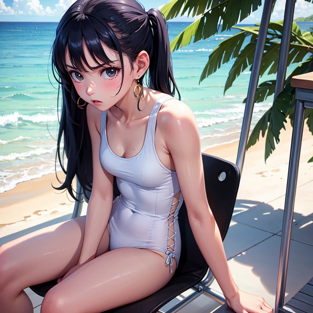 Masterpiece, best quality, earrings, white one piece, black hair, small breasts, girl, upper body, hot, sweating, sitting on chair, pigtails, looking at camera, sea, summer, facing forward, legs spread, angry