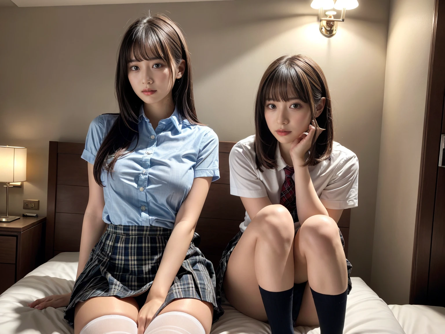 masterpiece, best quality, illustration, Super detailed, fine details, High resolution, 8K,wall paper, perfect dynamic composition,(Details High quality, realistic depiction of eyes:1.3), (3 girls), (white school shirt :1.2), (plaid skirt :1.3), tie black, black thigh-high stockings, sitting, open legs, short bob hair, in a hotel room in the background, deep on field, large breasts, black hair color, Big Natural Color Lip, (perfect body shape), crying a little、Harajuku style、20 year old girl、cute type、beautiful legs, Gravure Idol
