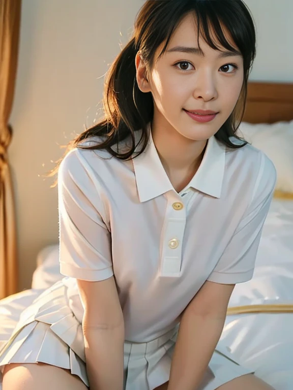 (Masterpiece, Best quality: 1.4), (Ultra realistic, Photo-realistic: 1.2), From above, From side, Sitting, Looking at viewer, Natural light, 28 years old actress, Japanese women, Neat and clean, ((Wearing white tennis uniform, White short-sleeve polo shirt with collar, Not buttoning the polo shirt, White pleated tennis skirt: 1.3)), (Wearing white sock: 1.2), (Ponytail: 1.2), (Beautiful face), Oval face, clear, Beautiful eyes, Kind eyes, Clear skin, Small face, Beautiful mouth, Small mouth, Natural makeup, Approachable, Seductive smile, (Seductive pose: 1.1), (Beautiful thighs: 1.2), (Bedroom eyes: 1.1), Embarrassed, Blush, Luxury hotel Suite room, On bed,