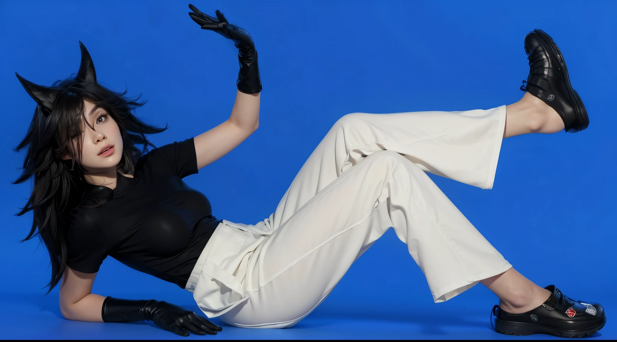 A woman in a black shirt and white pants is lying on her back on a blue background, smooth 3d model, glossy plastic texture, multiple light sources, rim light, sharp post effects render, most beautiful vfx, , realistic, 4k, high resolution, rim light, smooth 3d model. ,  glossy texture, smooth 3d model, multiple light sources, rim light, sharp post effects render, (glossy plastic texture with multiple big light probe refractions), perfect cgi,   reflective, best quality, 4k, masterpiece:1.2, ultra-detailed, realistic, vivid colors, The image of the highest quality, ensuring every detail showcased perfectly. It in 4k resolution, allowing viewers to immerse themselves in the richness of the colors and intricate details. The realistic rendering. under the spotlight, reflecting, high-resolution image, realistic rendering