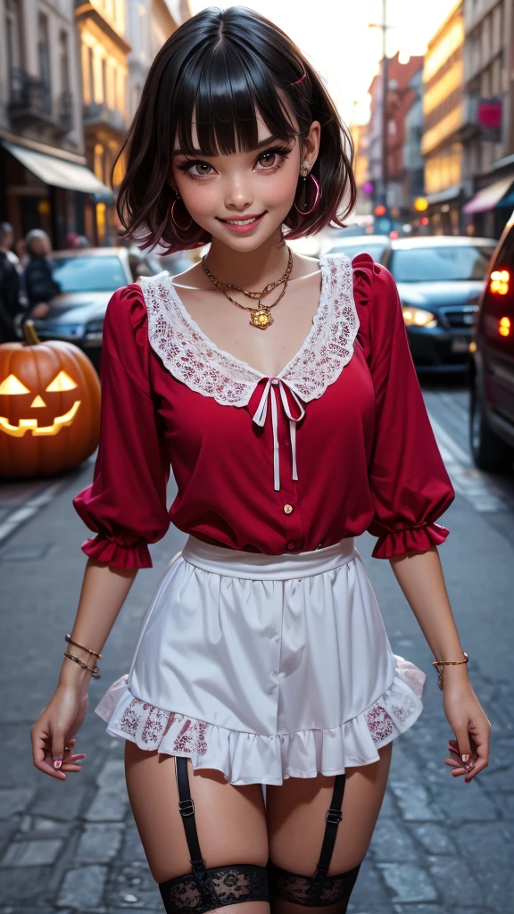 1girl, masterpiece, best quality, ultra-detailed, beautiful detailed, (((extremely detailed face))), (((blunt bangs))), (((big frills and ribbon))), grin, (((red blouse))), (black skirt), suspender dress, frills, lace, (long hair),  ((garter belt)), (((piercing jewelry))), (((look down))), (dirty street), (jack o lantern), (Red Riding Hood), (crowd), ((short bob hair))