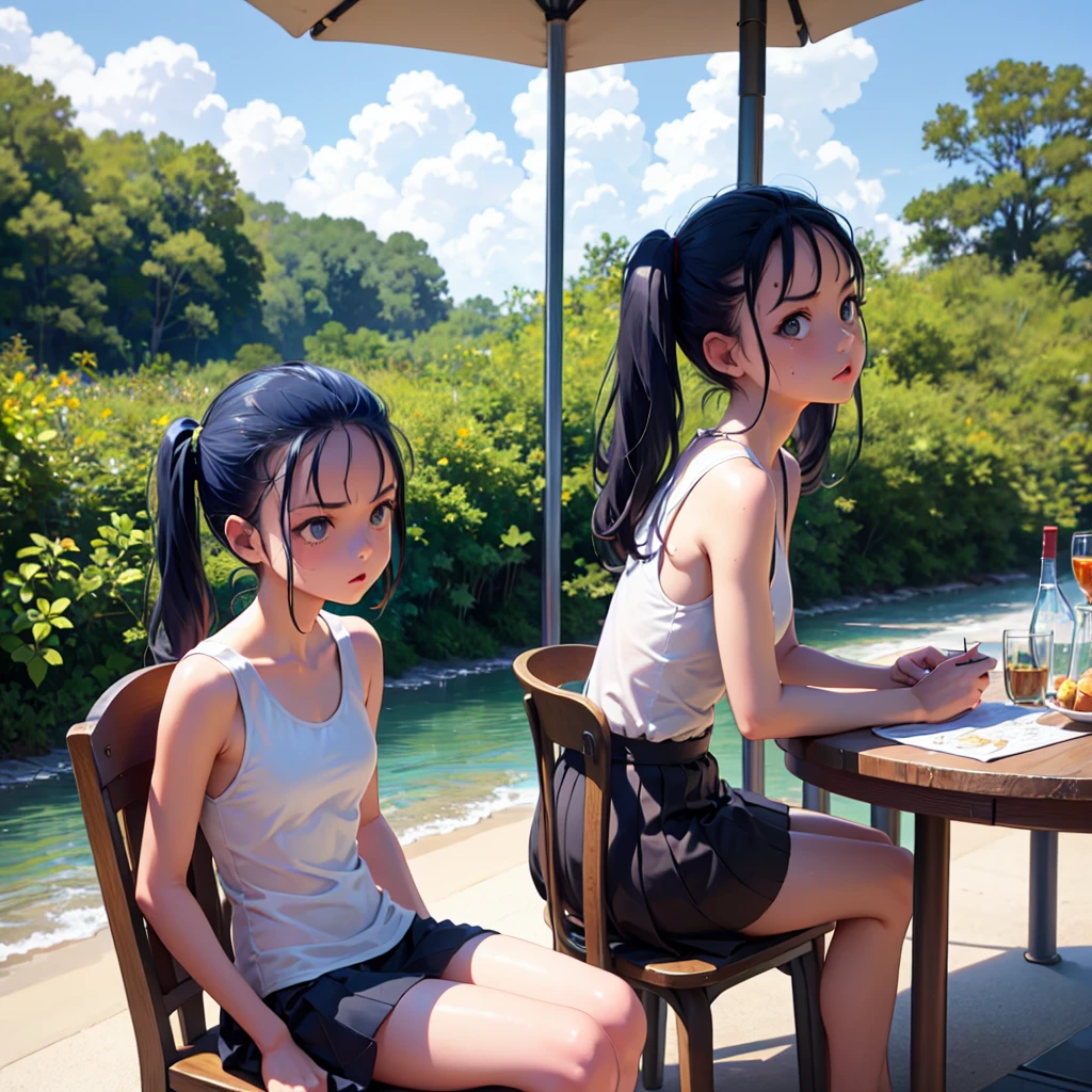 Masterpiece, best quality, white one piece, skirt, black hair, small breasts, girl, upper body, hot, sweating, sitting on chair, pigtails, looking at camera, sea, summer, facing forward, legs spread, angry