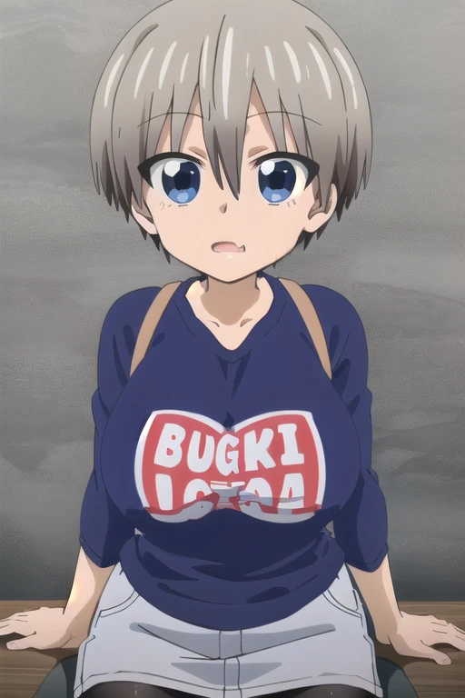 1girl,å®å´è±,short hair,blue eyes,bangs,skin fang,grey hair,fang,hair between eyes,large breasts, nsfw
multicolored shirt,romaji text,black pantyhose,clothes writing,Wet Clothes,denim skirt,raglan sleeves,long sleeves,brown footwear, Exquisite visuals, high-definition,masterpiece,best quality,