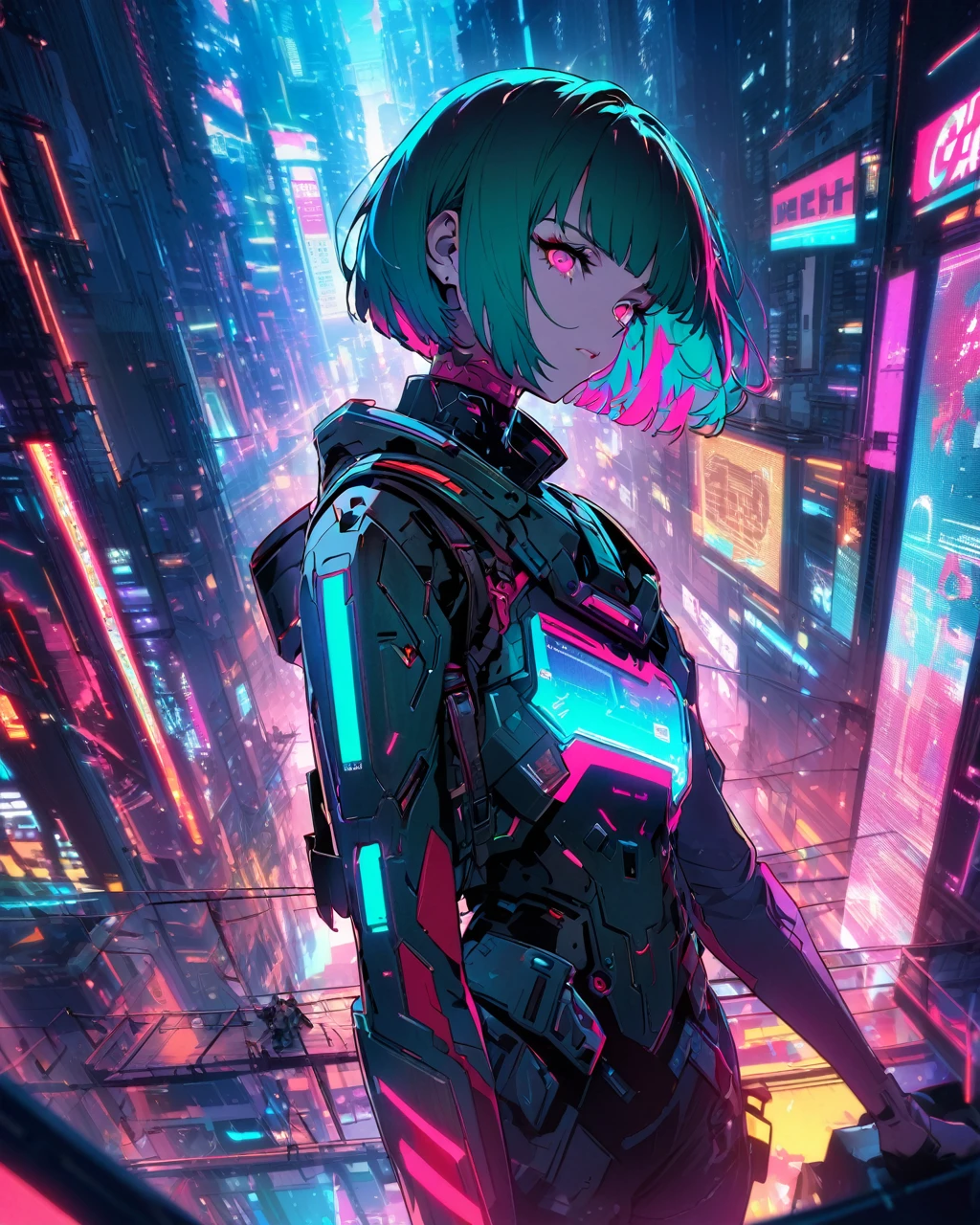 "A cyberpunk-themed artwork featuring a character with a short bob haircut, wearing futuristic armor. The character is set against a backdrop of neon-lit skyscrapers with holographic advertisements and a vivid color palette of teal and red."