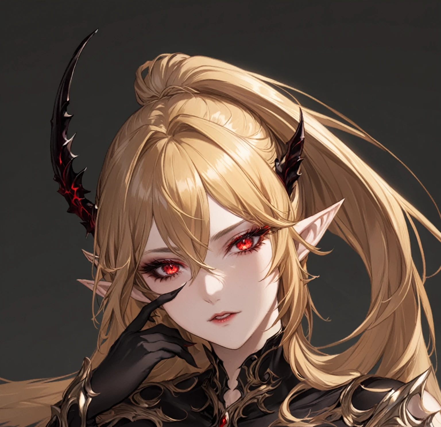 masterpiece, best quality, good quality, Highly detailed, shadowverse style, female, elf, golden hair, red eyes, demonic, adult, black eyeshadow