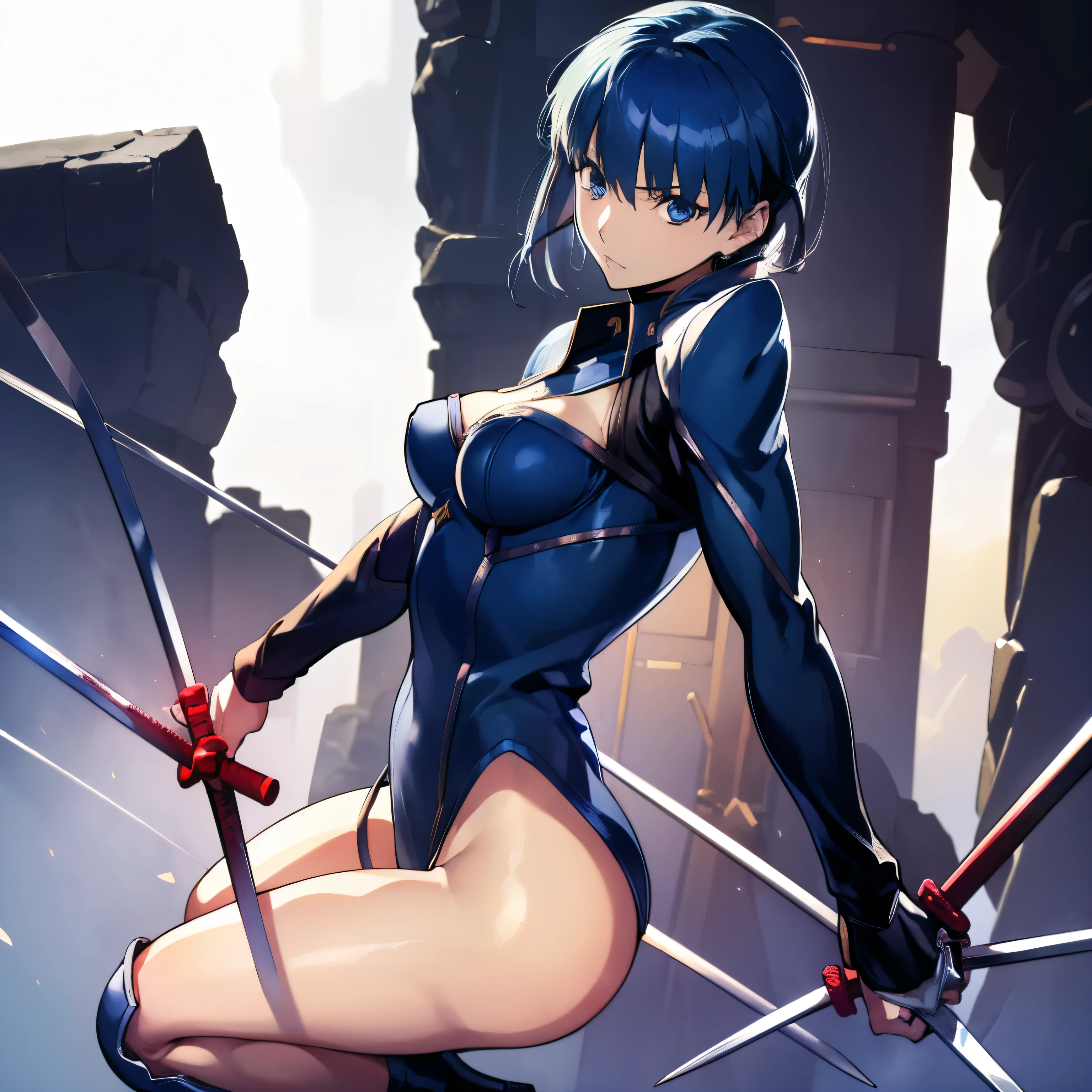 ultra-detailed, Explicit, Beautiful body, Beautiful Nose, Beautiful character design, perfect eyes, perfect face, ultra highres, 4K, beautiful legs, perfect legs, Nice hands, Perfect hand, Masterpiece, Best Quality, Highly detailed, illustration, absurdres, perfect anatomy, BOOTS, THIGH BOOTS, BODYSUIT, LEOTARD, HEADSET, absurdres, highres, solo, cowboy shot, 1girl, perfect hands, wind, (highres,best_quality,masterpiece), hair ornament, medium breast, ciel_(tsukihime), blue hair, blue eyes, short hair, (((holding swords, swords))), (((from side, looking from side, view from side)))