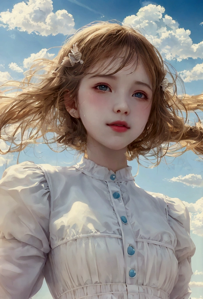 masterpiece, Best Quality, still film, 1 girl, floating in the sky, cloud girl, cloud, (close up:1.1), bright, happy, funny, Soft lighting, (bauhaus, Shapes, lines, abstract:1.1)