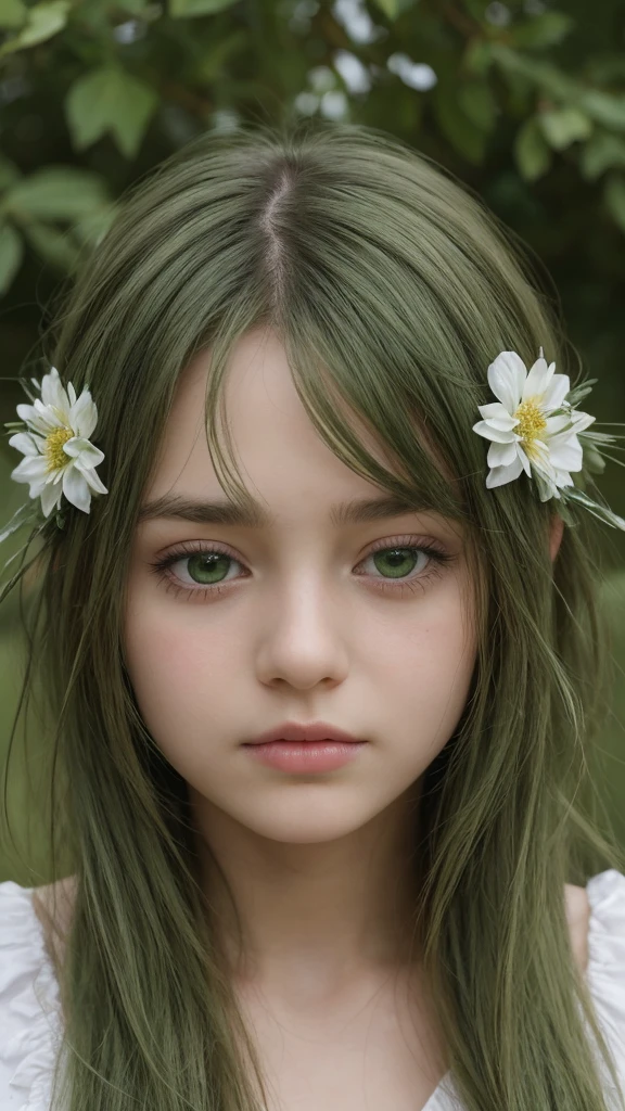 a girl. european. extremely detailed face. oval face. delicate features. long face. sad eyes half-closed. green eyes. long straight hair. messy hair. green hair. wreath on head. innocent expression. outdoors