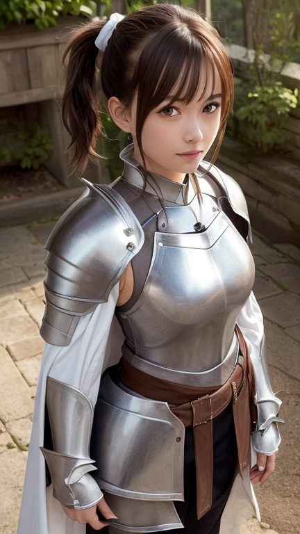 Asuna, Asuna_(Star), (1 girl,alone) ,fantasy, High resolution, No. 19, The original, (Worn in a sheath around the waist:1.3), Smile, (white knight wizard cloak:1.5), short hair, Medium breasts, looking at the audience, Bangs ,Delicate hazel eyes, Beautiful background, ((morning sun,Western style box)), Put your hands on your chest,(brown hair,short ponytail:1.5), (Platinum Knight Wizard Full Armor:1.55),short hair, Permanent,direct, Abeke,(whole body:1.1), white stockings,(Abeke:1.4),