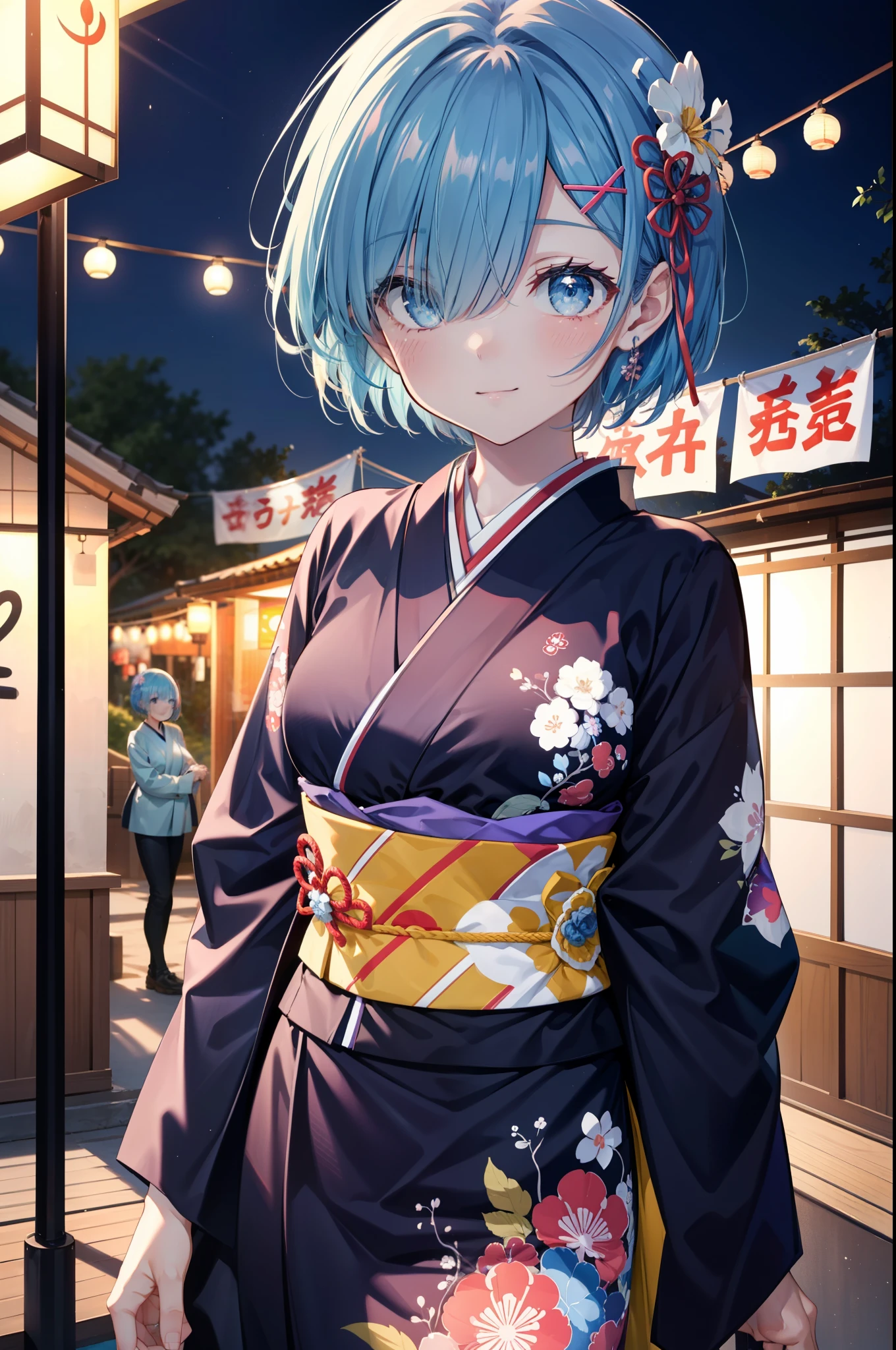 rezeroRem, Rem, blue eyes, Blue Hair, hair ornaments, Hair on one eye, hair ribbon, short hair, x hair ornaments,Blue Kimono,smile,blush,Open your mouth,whole bodyがイラストに入るように,evening,sunset,The sun is setting,日本のfestival,夏festivalの屋台,Red lantern,
break outdoors, festival,
break looking at viewer,whole body, (Cowboy Shot:1. 5),
break (masterpiece:1.2), Highest quality, High resolution, unity 8k wallpaper, (figure:0.8), (Beautiful attention to detail:1.6), extRemely detailed face, Perfect lighting, extRemely detailed CG, (Perfect hands, Perfect Anatomy),