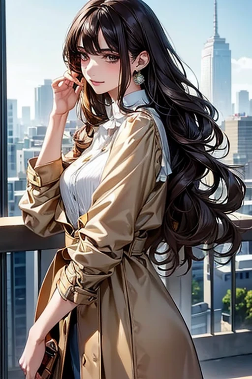 Slender and elegant figure、Height: 170cm、(High cheekbones、Small Nose、Fuller lips)、Long hair、((Dark brown with elegant waves that hang over the shoulders.))。((Large, almond-shaped eyes、Deep hazel))、Skin has a flawless light natural tan。
She is dressed chic and sophisticated for both professional and casual occasions.。(( She is wearing a white blouse made of high quality silk.、It is tucked into high-waisted navy blue pants.。On top of the blouse、She is wearing a beige trench coat that reaches above her knees.))。(The shoes are elegant black leather pumps.、Has a modest heel)。
As an accessory、She is wearing a minimalist gold necklace and matching earrings.。She carries a structured black leather handbag with gold accents。The makeup is natural yet sophisticated.、It brings out her natural beauty。Nails are done in a classic French tip style。
((The background is a modern urban setting、I can see skyscrapers and a little bit of greenery.、It suggests an urban lifestyle。The lighting is soft and inviting、It highlights her features and the texture of her clothes.))。