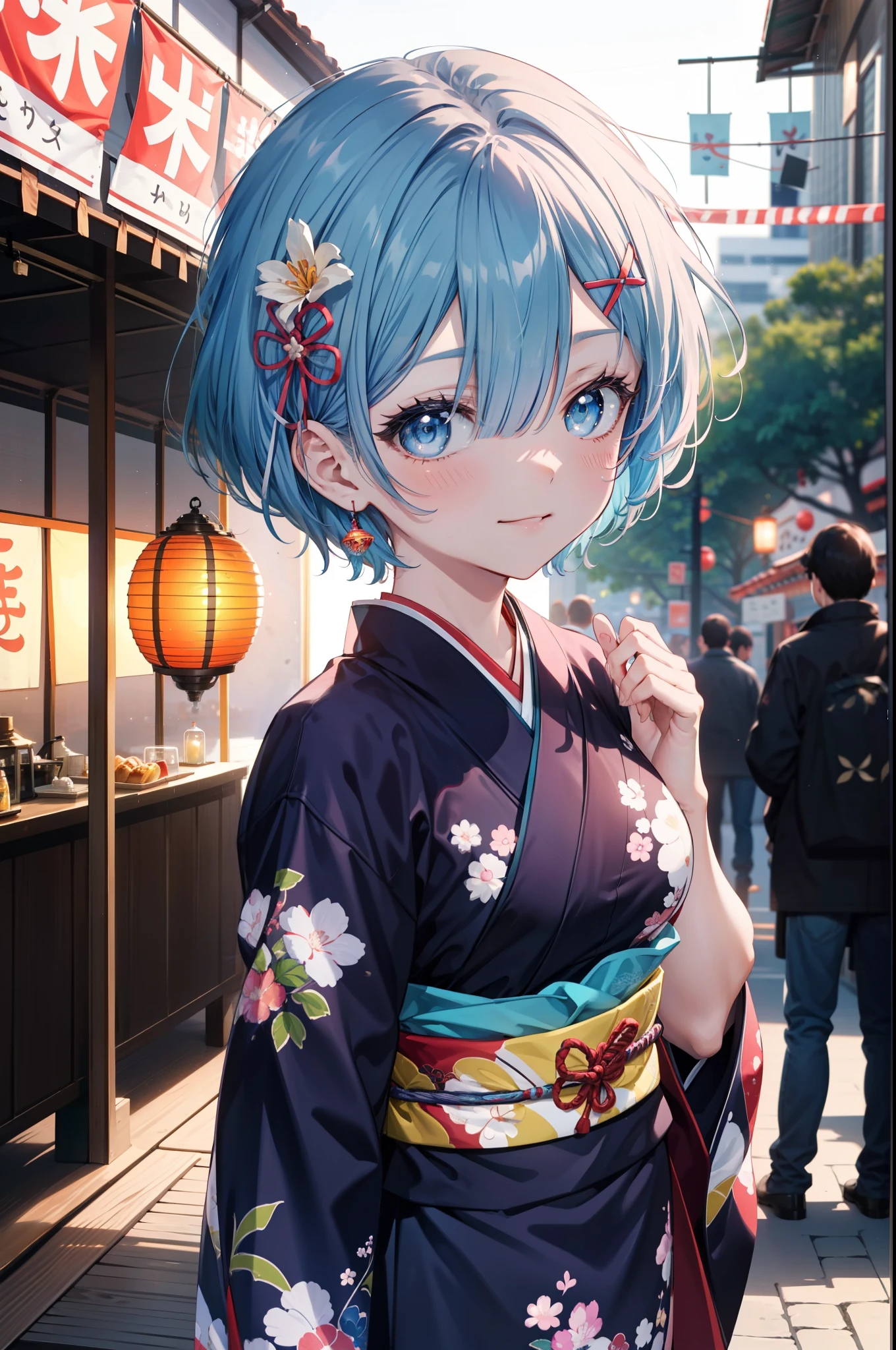 rezeroRem, Rem, blue eyes, Blue Hair, hair ornaments, Hair on one eye, hair ribbon, short hair, x hair ornaments,Blue Kimono,smile,blush,Open your mouth,whole bodyがイラストに入るように,evening,sunset,The sun is setting,日本のfestival,夏festivalの屋台,Red lantern,
break outdoors, festival,
break looking at viewer,whole body, (Cowboy Shot:1. 5), 
break (masterpiece:1.2), Highest quality, High resolution, unity 8k wallpaper, (figure:0.8), (Beautiful attention to detail:1.6), extRemely detailed face, Perfect lighting, extRemely detailed CG, (Perfect hands, Perfect Anatomy),