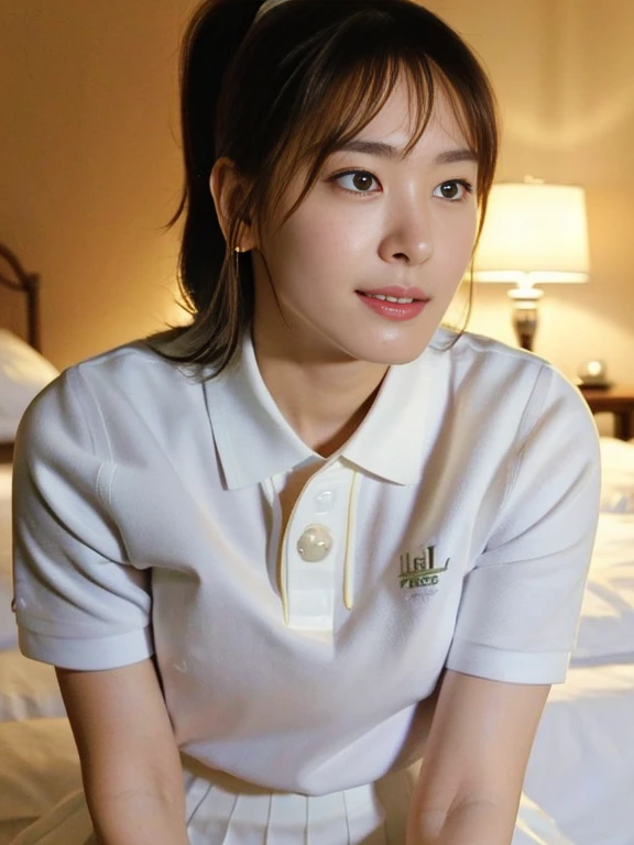 (Masterpiece, Best quality: 1.4), (Ultra realistic, Photo-realistic: 1.2), From above, From side, Sitting, Looking at viewer, Natural light, 28 years old actress, Japanese women, Neat and clean, ((Wearing white tennis uniform, White short-sleeve polo shirt with collar, Not buttoning the polo shirt, White pleated tennis skirt: 1.3)), (Wearing white sock: 1.2), (Ponytail: 1.2), (Beautiful face), Oval face, clear, Beautiful eyes, Kind eyes, Clear skin, Small face, Beautiful mouth, Small mouth, Natural makeup, Approachable, Seductive smile, (Seductive pose: 1.4), (Beautiful thighs: 1.2), (Bedroom eyes: 1.1), Embarrassed, Blush, Luxury hotel Suite room, On bed,