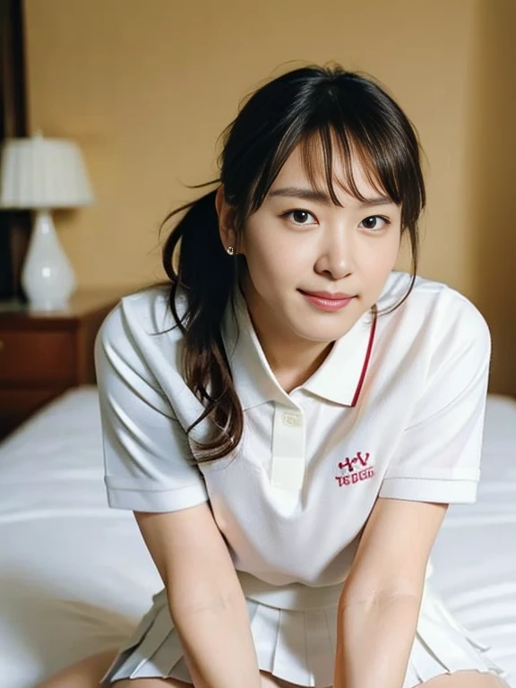 (Masterpiece, Best quality: 1.4), (Ultra realistic, Photo-realistic: 1.2), From above, From side, Sitting, Looking at viewer, Natural light, 28 years old actress, Japanese women, Neat and clean, ((Wearing white tennis uniform, White short-sleeve polo shirt with collar, Not buttoning the polo shirt, White pleated tennis skirt: 1.3)), (Wearing white sock: 1.2), (Ponytail: 1.2), (Beautiful face), Oval face, clear, Beautiful eyes, Kind eyes, Clear skin, Small face, Beautiful mouth, Small mouth, Natural makeup, Approachable, Seductive smile, (Seductive pose: 1.4), (Beautiful thighs: 1.2), (Bedroom eyes: 1.1), Embarrassed, Blush, Luxury hotel Suite room, On bed,