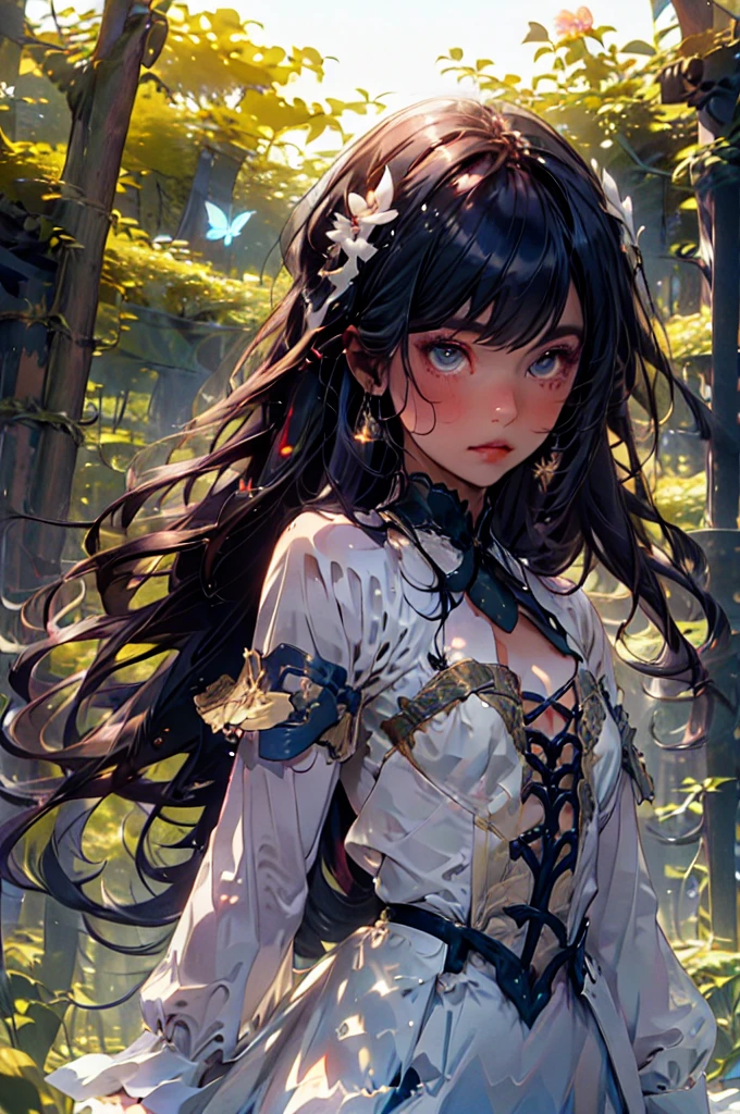 Create an illustration of a young woman standing in a mystical forest during twilight. The woman has long, wavy auburn hair that catches the soft, glowing light of surrounding fireflies. Her hair is adorned with a delicate blue ribbon and a braid intertwined within it. She wears a flowing white dress with blue floral patterns, which gently sways with the evening breeze.The forest around her is lush and verdant, with tall trees and dense foliage, creating a serene and enchanting atmosphere. Small blue butterflies and ethereal fireflies illuminate the scene with their soft, luminescent glow. The background hints at the deep woods, with shadows playing around, adding depth and a sense of mystery.The woman's expression is serene, and she seems lost in thought, her profile highlighted by the gentle, magical light. The overall mood of the illustration is one of peaceful contemplation and otherworldly beauty.