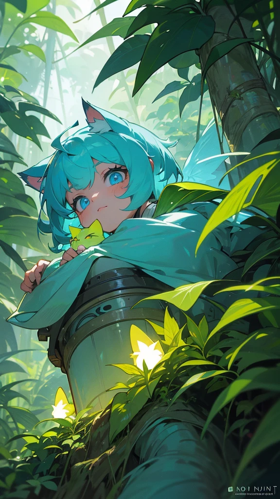 In a lush, overgrown jungle, a fluffy fairy cat with cute blue eyes peers out from the dense foliage. The vibrant green leaves, colorful flowers, and fireflies surround the cat, creating a hidden sanctuary. Explore themes of nature, mystery, and adventure.