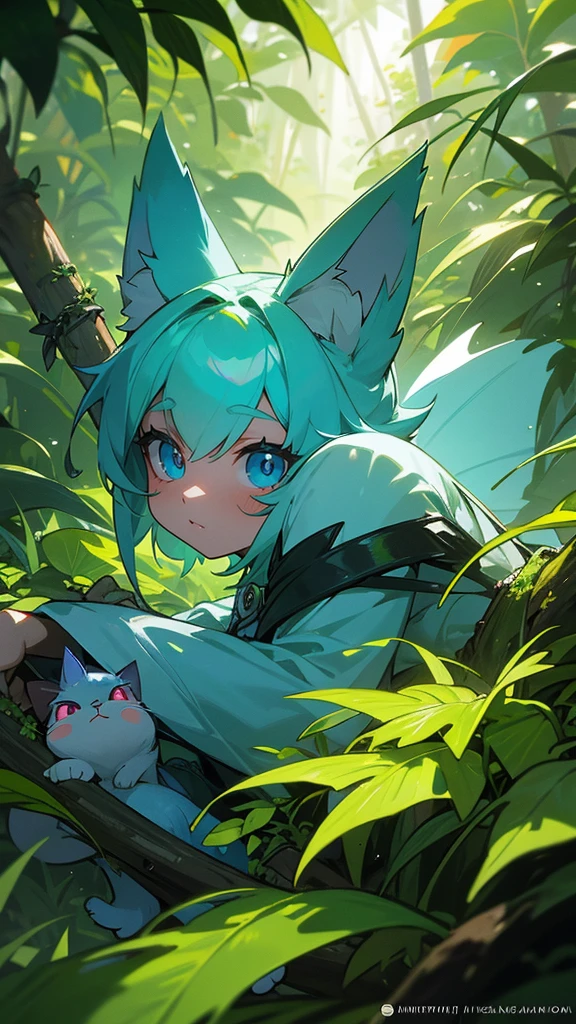 In a lush, overgrown jungle, a fluffy fairy cat with cute blue eyes peers out from the dense foliage. The vibrant green leaves, colorful flowers, and fireflies surround the cat, creating a hidden sanctuary. Explore themes of nature, mystery, and adventure.