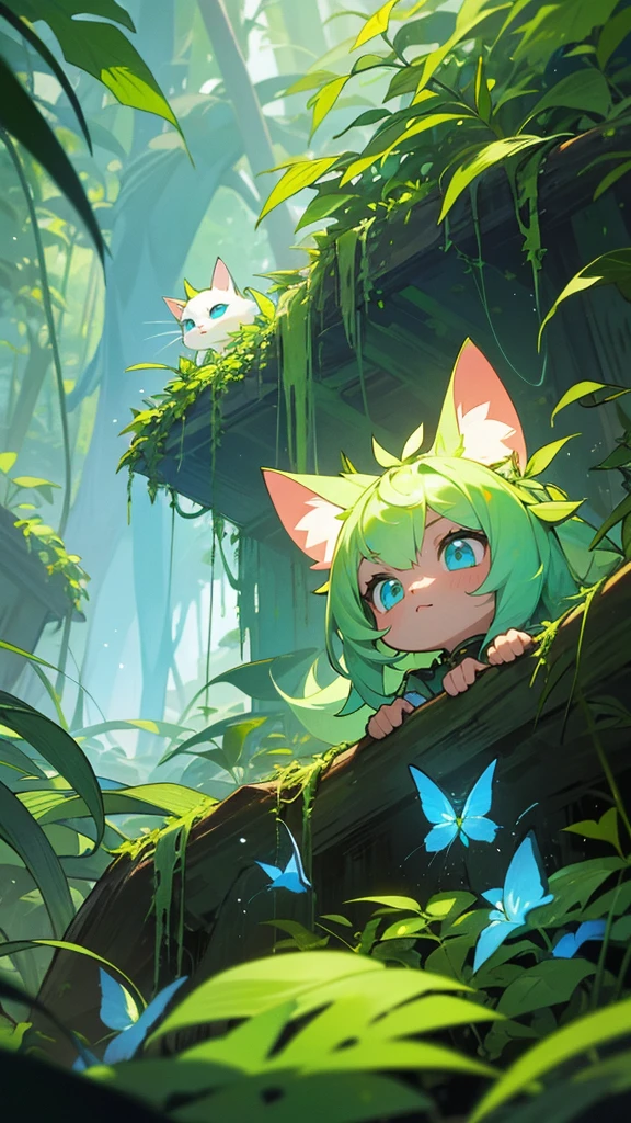 In a lush, overgrown jungle, a fluffy fairy cat with cute blue eyes peers out from the dense foliage. The vibrant green leaves, colorful flowers, and fireflies surround the cat, creating a hidden sanctuary. Explore themes of nature, mystery, and adventure.