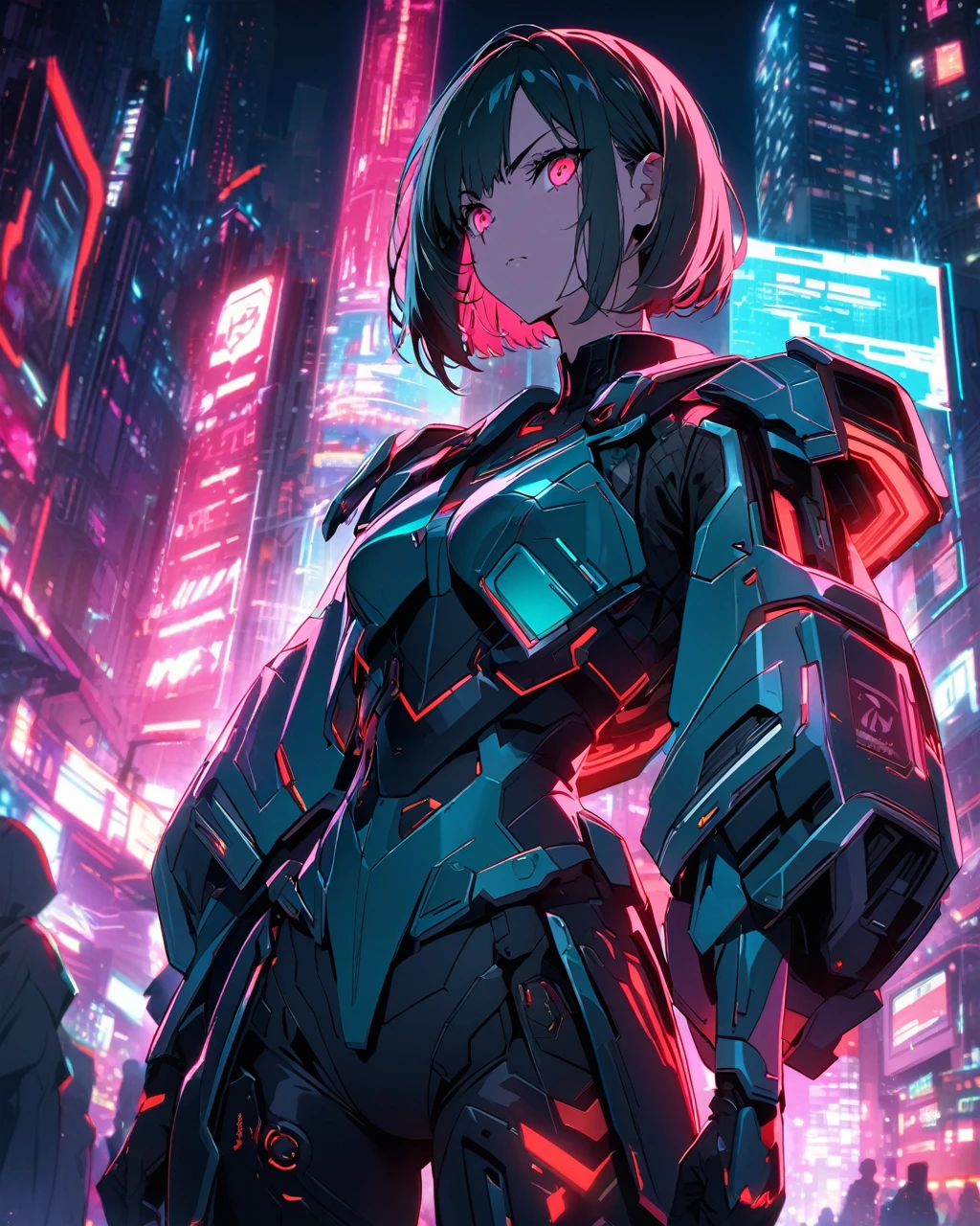 "Create an anime-style illustration of a young woman with a short bob haircut, wearing futuristic, high-tech armor with glowing red and teal accents. She has a focused, determined expression and is standing in a cyberpunk cityscape. The background features neon-lit skyscrapers, holographic advertisements, and a vivid color palette dominated by teal and red tones. The scene should capture the futuristic, high-tech ambiance of a bustling, neon-lit city."