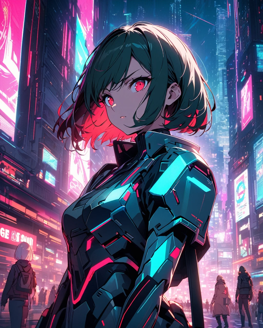 "Create an anime-style illustration of a young woman with a short bob haircut, wearing futuristic, high-tech armor with glowing red and teal accents. She has a focused, determined expression and is standing in a cyberpunk cityscape. The background features neon-lit skyscrapers, holographic advertisements, and a vivid color palette dominated by teal and red tones. The scene should capture the futuristic, high-tech ambiance of a bustling, neon-lit city."