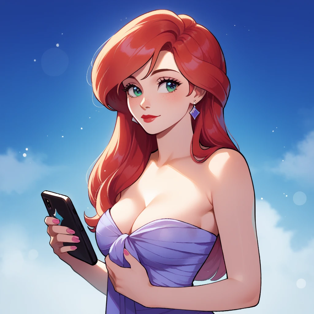 score_9_presence, score_8_up, Ariel, wrapped in towel, medium breasts, cleavage, holding phone