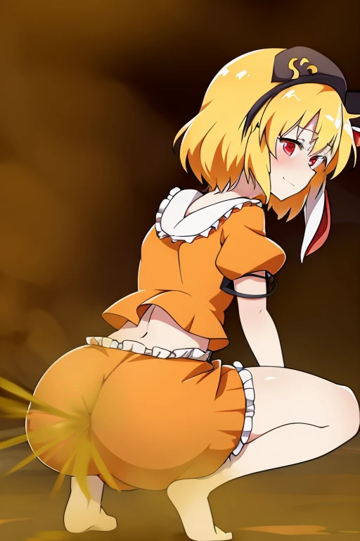 ringo \(touhou\), blonde hair, short hair, cabbie hat, orange shirt, navel, rabbit ears, red eyes, collarbone, frilled dress, farting, butt facing viewer, butt, bottomless, squatting, from behind,