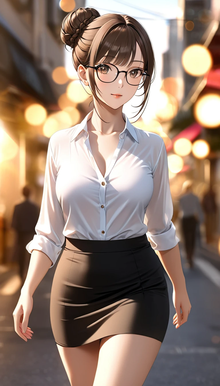 8K, high resolution, detailed face, perfect body,super high quality, absurdres, ultra detailed, Kisaki eri, mature woman, perfect body, (brown hair), (messy bun hair), on the streets, walking, sunlight, volumetric lighting, bokeh, ((tight skirt)) ((white shirt)) (open shirt) , wearing glasses, close-up photo