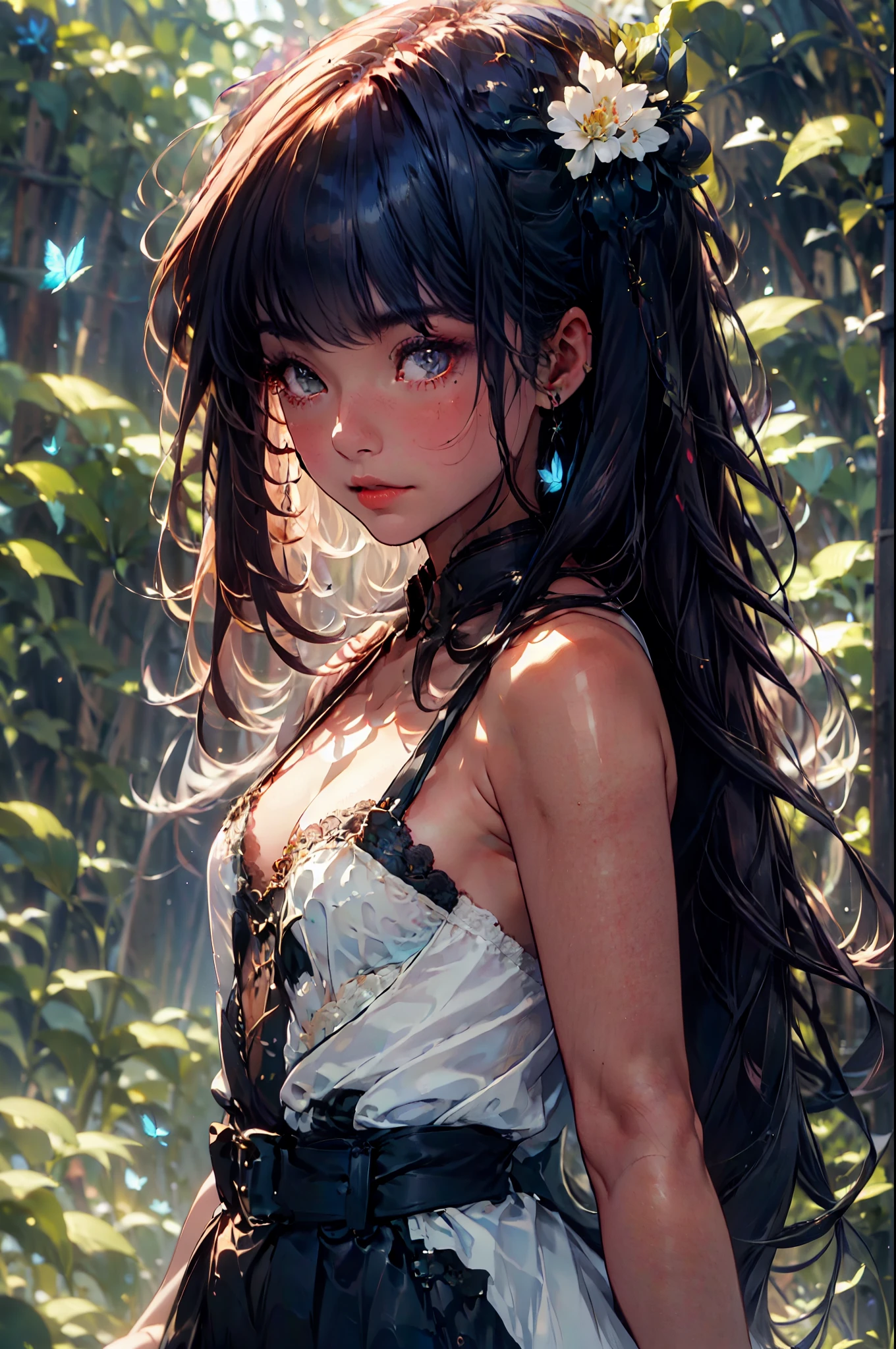 Create an illustration of a young woman standing in a mystical forest during twilight. The woman has long, wavy auburn hair that catches the soft, glowing light of surrounding fireflies. Her hair is adorned with a delicate blue ribbon and a braid intertwined within it. She wears a flowing white dress with blue floral patterns, which gently sways with the evening breeze.The forest around her is lush and verdant, with tall trees and dense foliage, creating a serene and enchanting atmosphere. Small blue butterflies and ethereal fireflies illuminate the scene with their soft, luminescent glow. The background hints at the deep woods, with shadows playing around, adding depth and a sense of mystery.The woman's expression is serene, and she seems lost in thought, her profile highlighted by the gentle, magical light. The overall mood of the illustration is one of peaceful contemplation and otherworldly beauty.